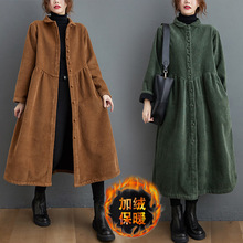 韩版宽松加绒加厚灯芯绒长袖单排扣风衣外套女装2021冬季新款实拍