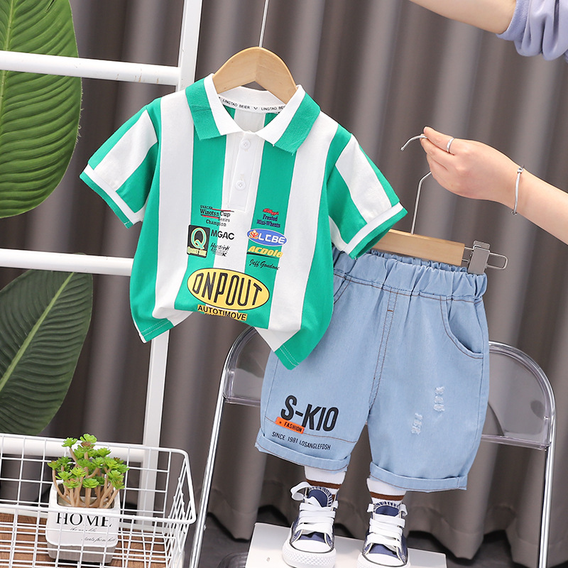 2024 Summer New Boys' Vertical Stripe round Neck Short Sleeve Suit Boys' Casual Polo Denim Shorts Two-Piece Set