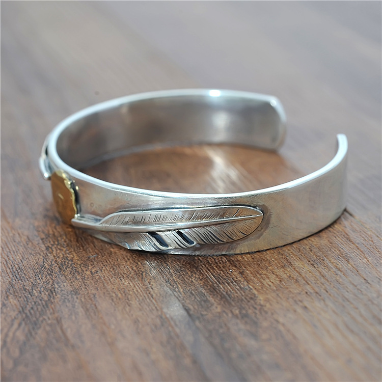 日本高桥吾郎goros原版手工复刻925纯银双小羽毛飞鸟印台开口手镯