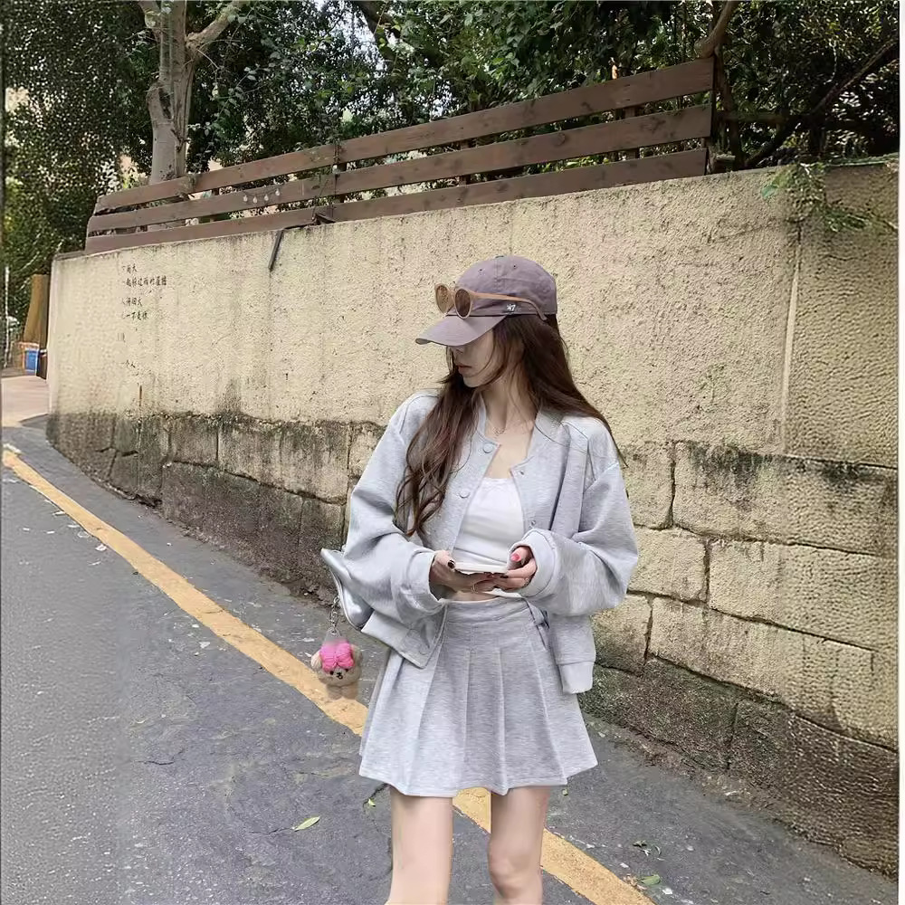 实价2024甜辣风美式宽松夹克休闲卫衣 辣妹吊带 高腰百褶裙套装