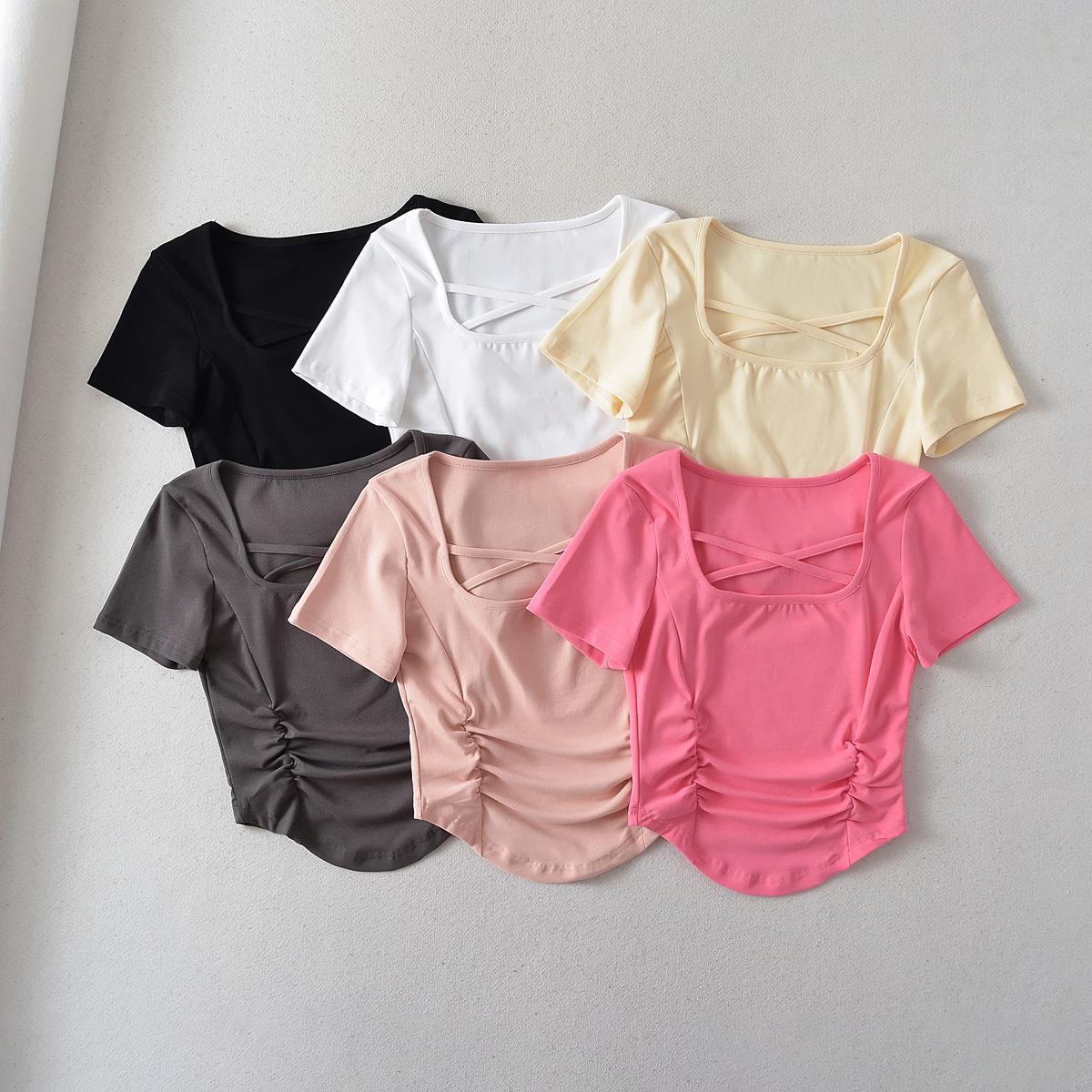 ry2394-23春夏新款 欧美风性感方领胸前交叉褶皱t恤弧摆短袖上衣