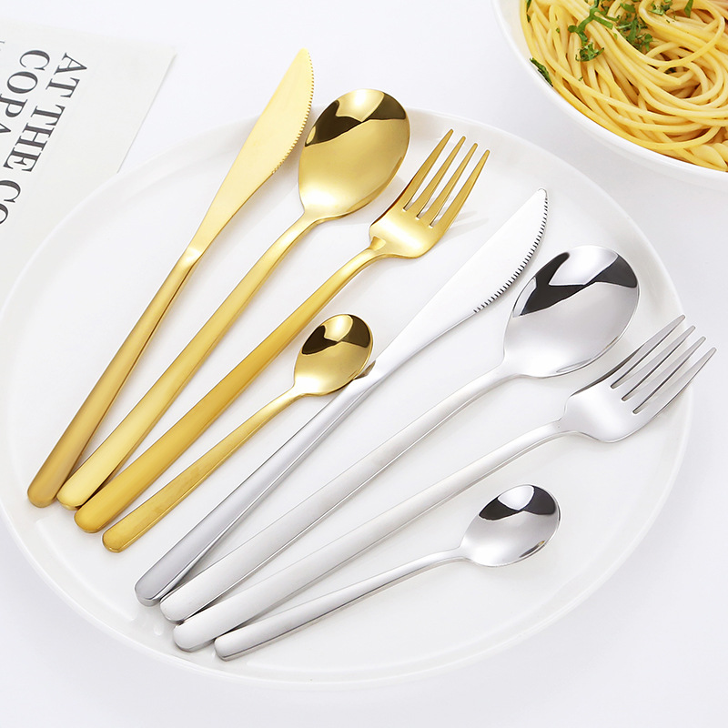 304 Stainless Steel Knife and Forks Korean Spoon Western Golden Steak Knife, Fork and Spoon Coffee Spoon Four-Piece Suit Factory Wholesale