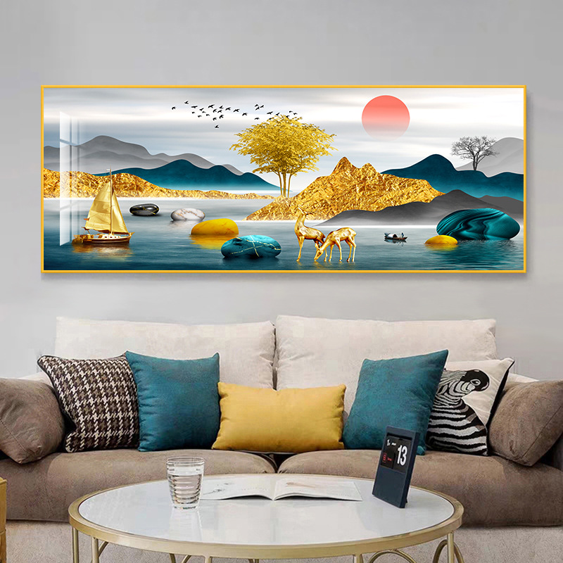 背有靠山客厅装饰画现代简约沙发背景墙挂画新中式横版晶瓷山水画
