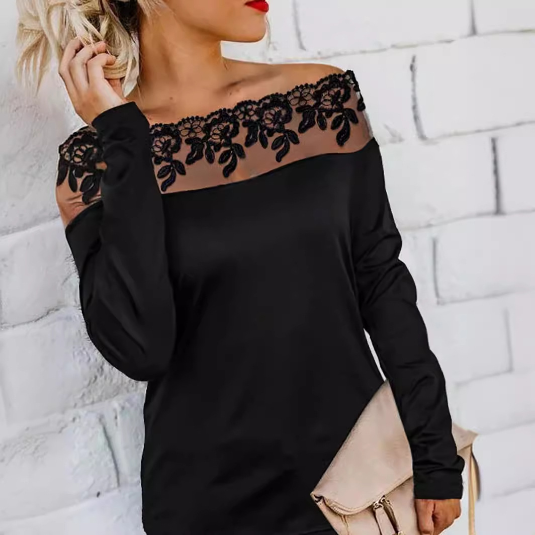 2024欧美蕾丝女t恤 一字肩lace 抹胸长袖修身休闲百搭显瘦上衣女