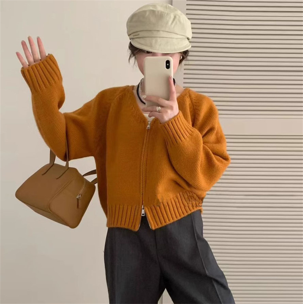 韩系双拉链V领纯色毛衣外套女2025新款设计感简约短款针织开衫女