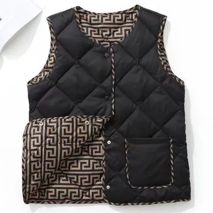 2023 Autumn and Winter New Lightweight down Cotton Vest Women's Short Classic Style Vest round Neck Two-Sided Vest