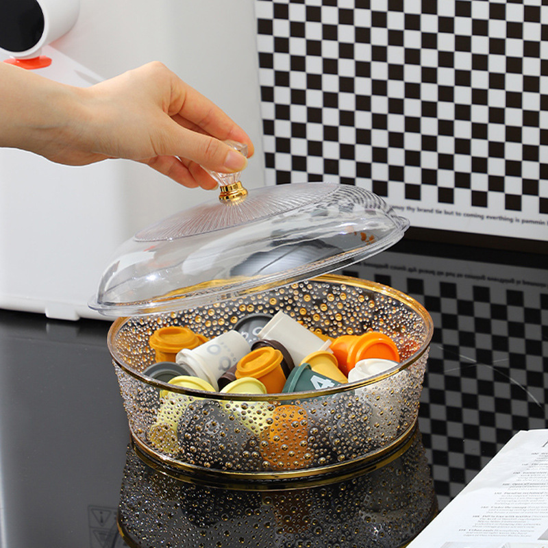 珍珠纹理圆形水果盘金边透明带盖收纳盒桌面食物零食整理储物果盘