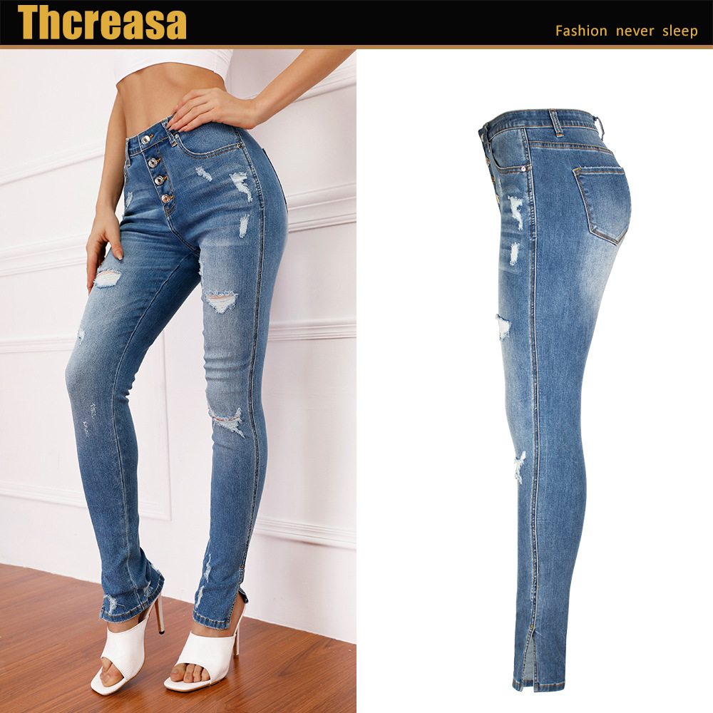 Spring and Summer European and American Women's Clothing Products in Stock New Ripped Cool Mid-Waist Elastic Jeans Women's Trousers Pencil Pants Split Feet