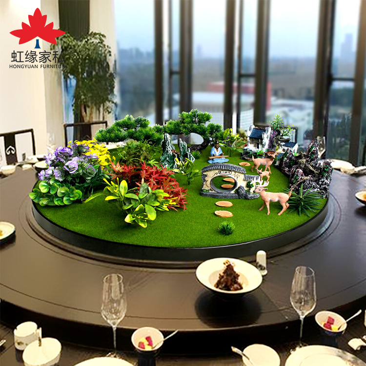 酒店圆桌中间摆件轻奢转盘装饰高端桌面造景手工新中式餐桌花摆花