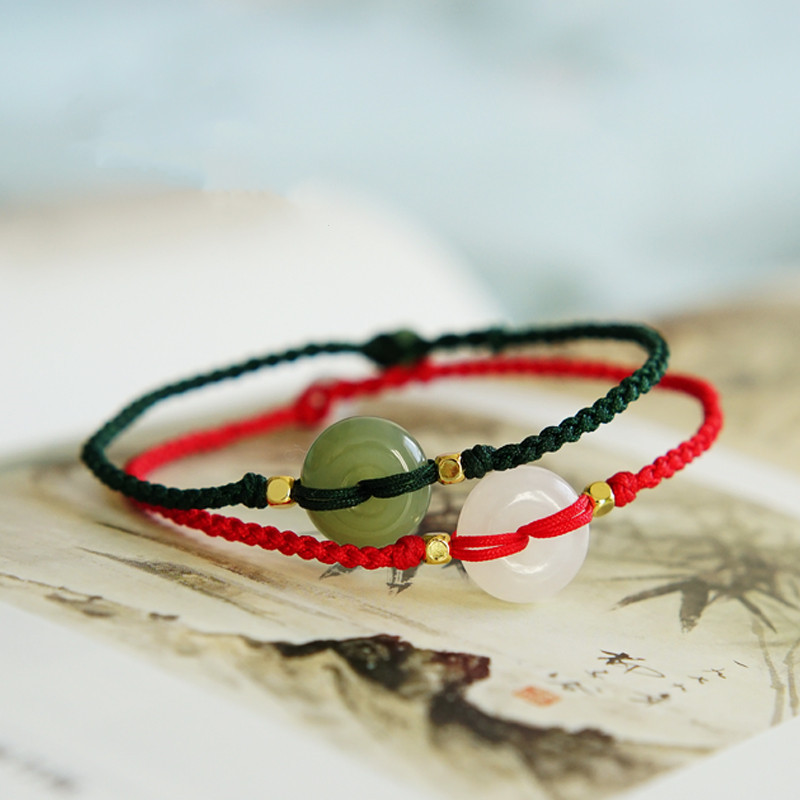 和田玉青玉白玉面包扣手链612mm左右红绳手链手编制绿色手链