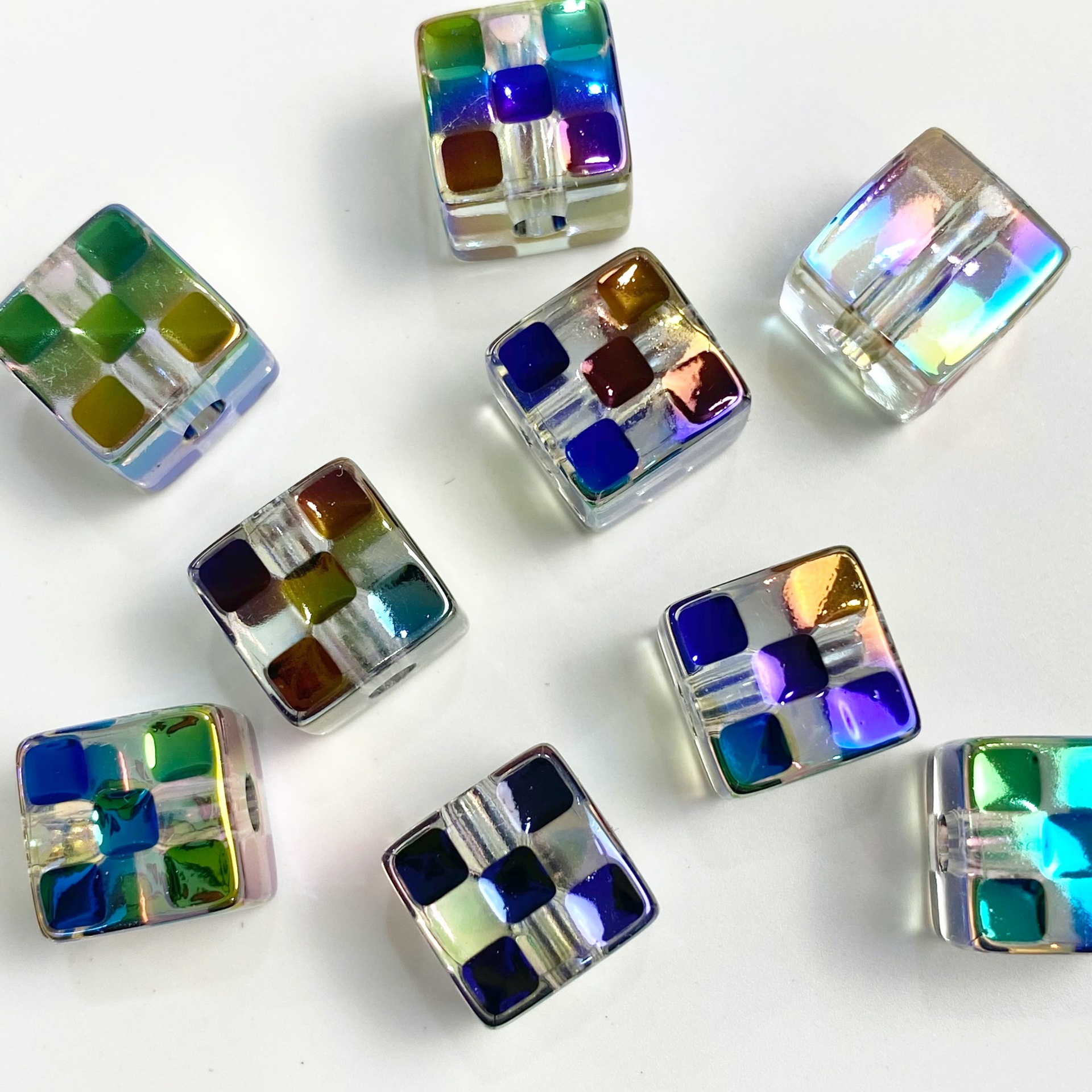 14mm Colorful Sunshine Dripping Rubik's Cube DIY Bracelet String Beads Material Colorful Plating Color Square Straight Hole Ornament Accessories