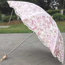 G5PA米白色奢华蕾丝刺绣花二折黑胶防紫外线防晒太阳伞晴雨伞洋伞