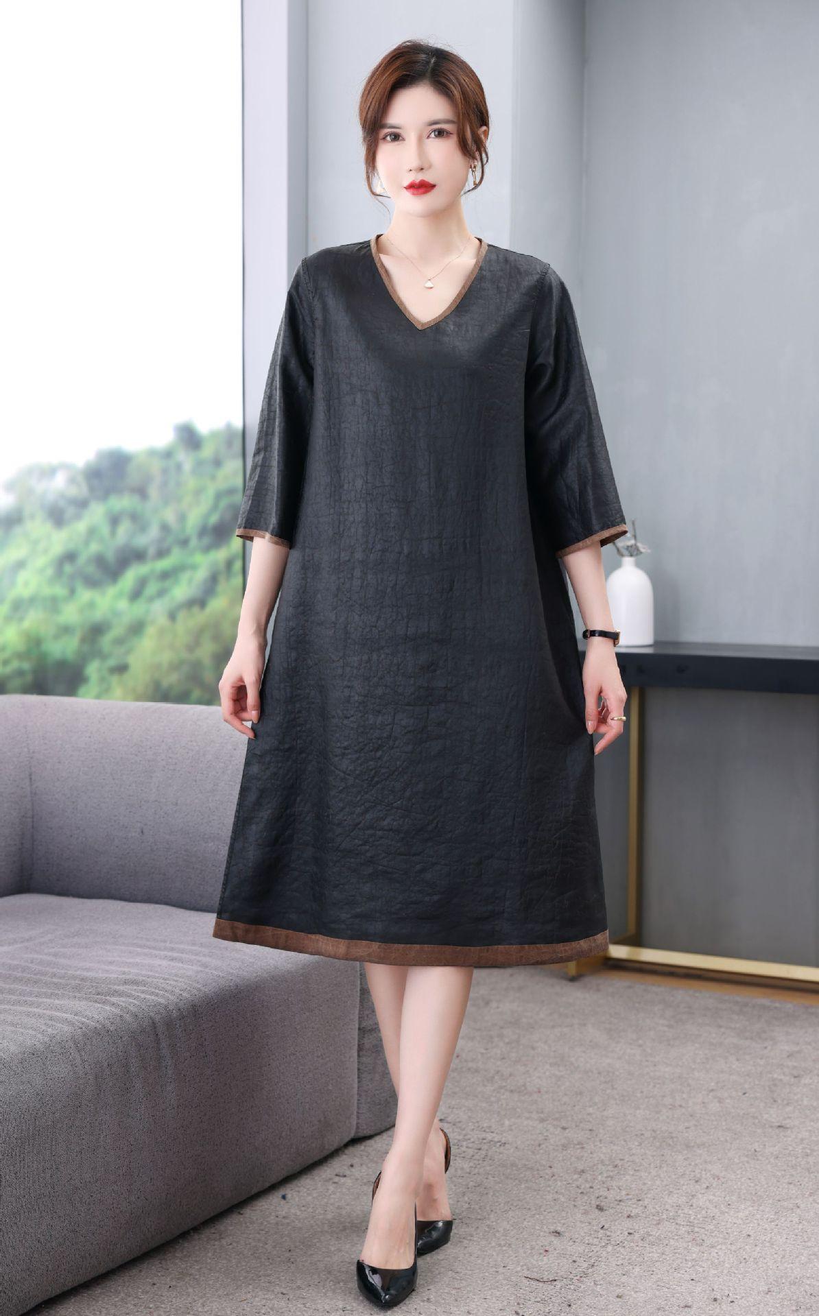 26姆米 双面穿彩色 龟裂纹香云纱连衣裙女长袖中长款