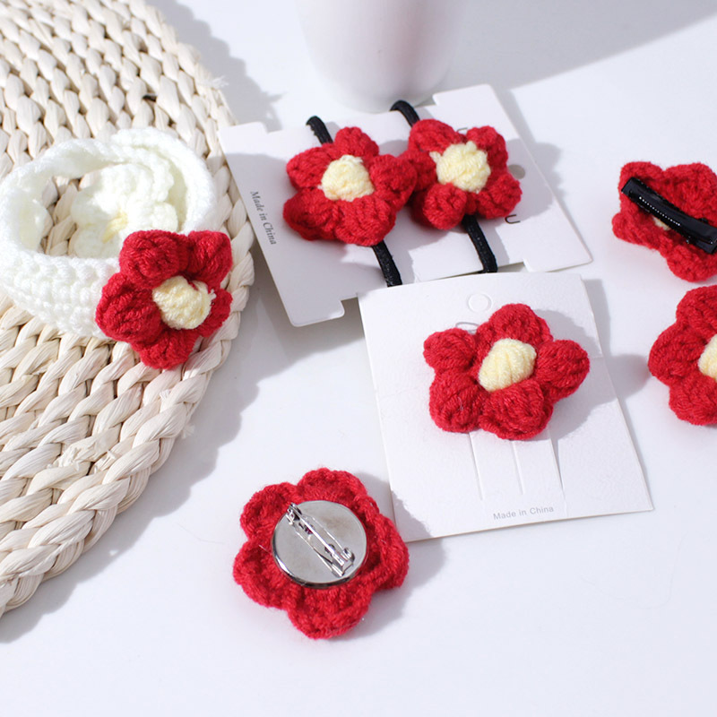 Korean Cute Little Red Flower Wool Hair Clips Hair Accessories Women's Japanese Brooch Alloy Hairpin Head Rope Side Clip Set Wholesale