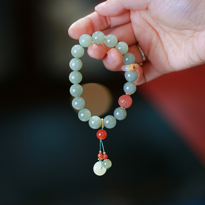天然和田玉圆珠手链 玉髓跑环 平安扣双流苏吊坠国潮复古珠宝手串