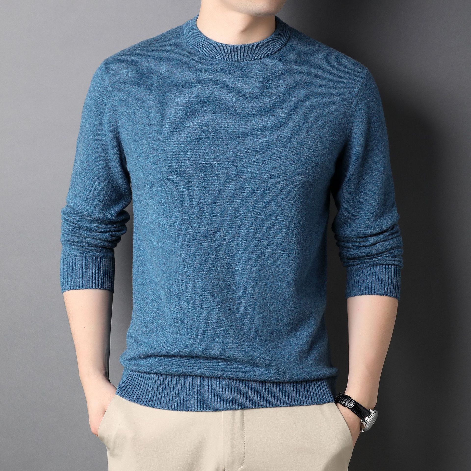 毛衣男士纯色羊毛衫秋冬新款100纯羊毛圆领套头衫青年男装打底衫