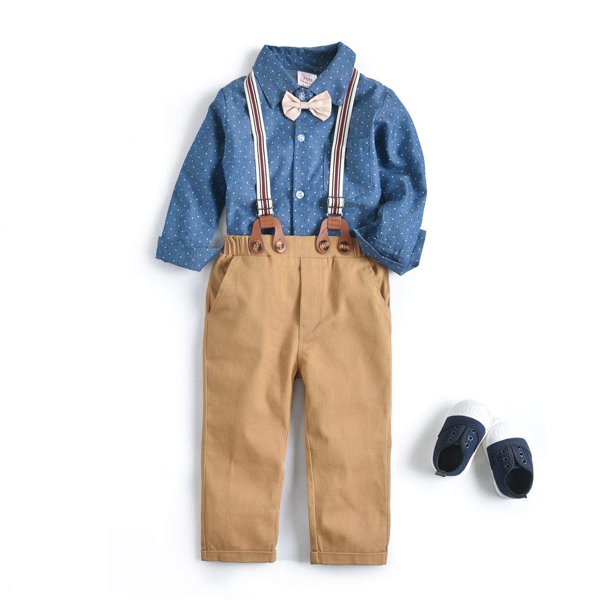 跨境童装男童牛仔圆点衬衫卡其背带长裤儿童绅士套装春季新款