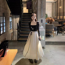 大码女装新中式国风连衣裙拼接设计感方领系带收腰马面裙