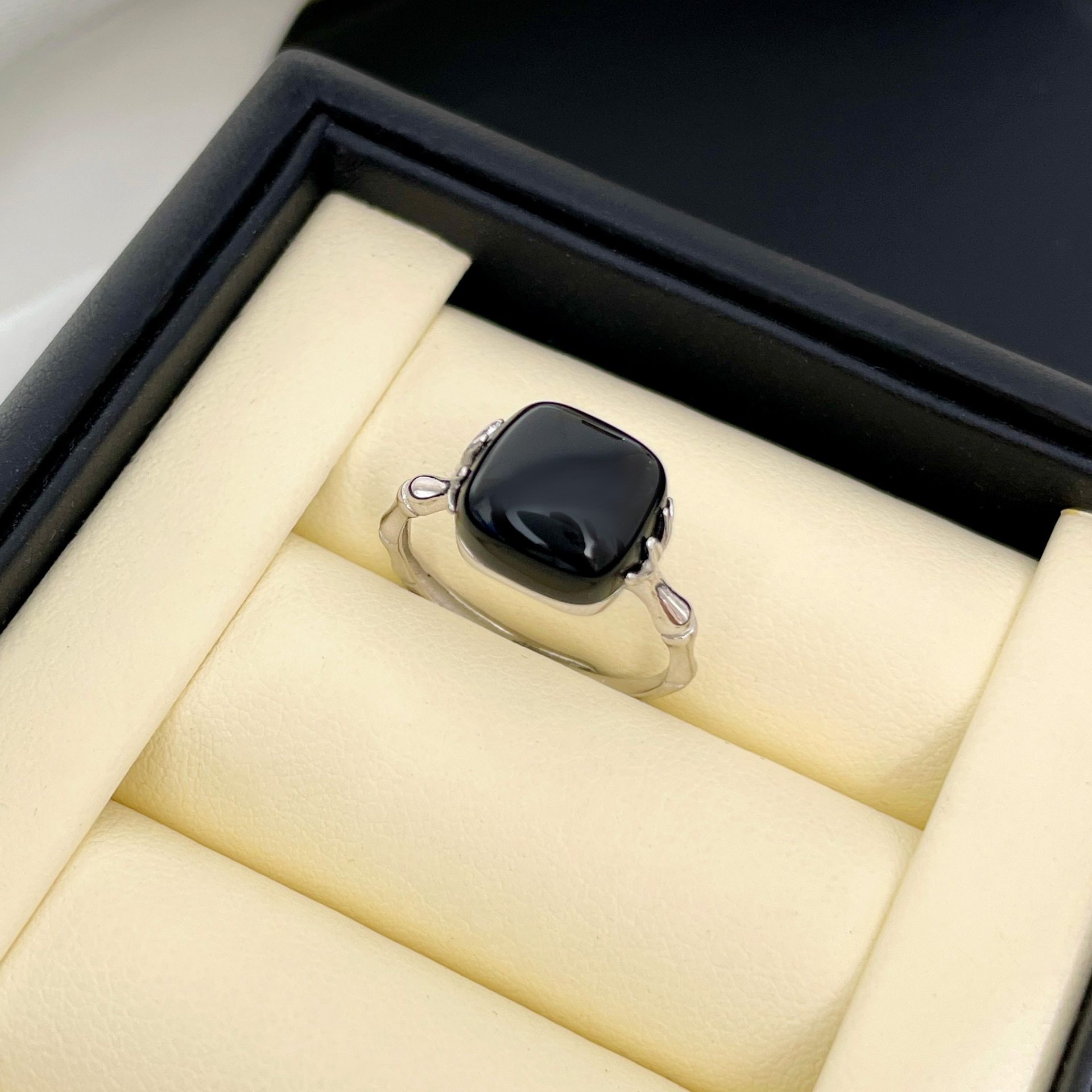 方形竹节黑玛瑙戒指饰品ins高级感925银女复古做旧四方来财食指戒