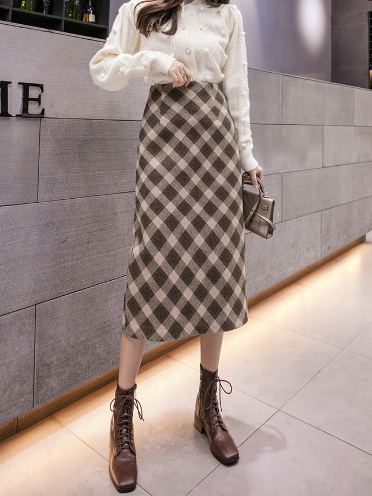 毛呢格子半身裙女秋冬中长款高腰复古格纹呢子开叉a字包臀一步裙