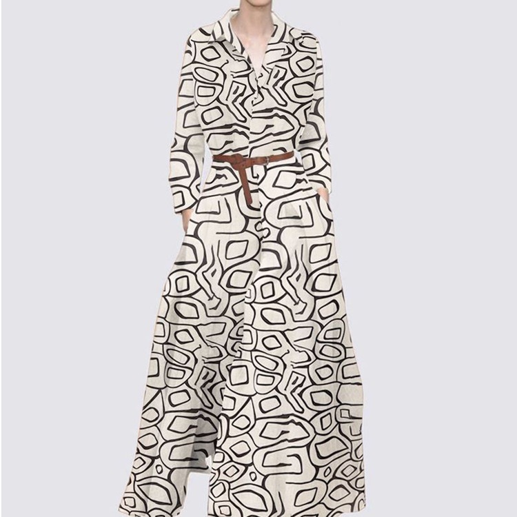 2022 New Fall Lapels Printed Long Sleeve Elegant Stylish Loose plus Size Bohemian Long Dress