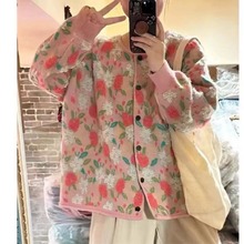 大码韩国女装2023秋季新款日系复古慵懒风粉色花朵针织衫毛衣外套