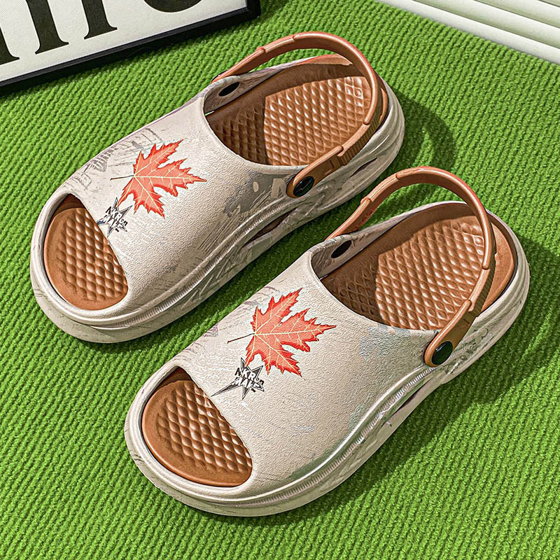 枫叶印花双色一字拖男士夏季外穿沙滩凉鞋两用厚底防滑踩屎感拖鞋