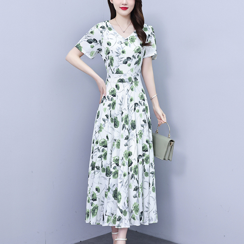 印花雪纺连衣裙女2024年新款夏季韩版显瘦修身中长款时尚妈妈裙子