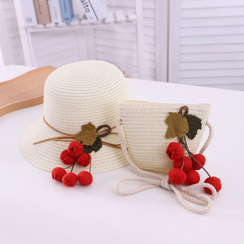 2024 Korean Style Fresh String of Red Children's Straw Hat Summer Girl Travel Sun-Proof Sun Hat Bag Set