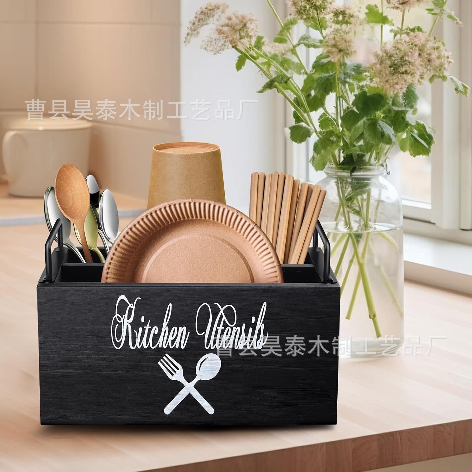 木质收纳盒餐桌摆件银器支架厨房收纳盒刀叉分隔存储盒实木餐具盒