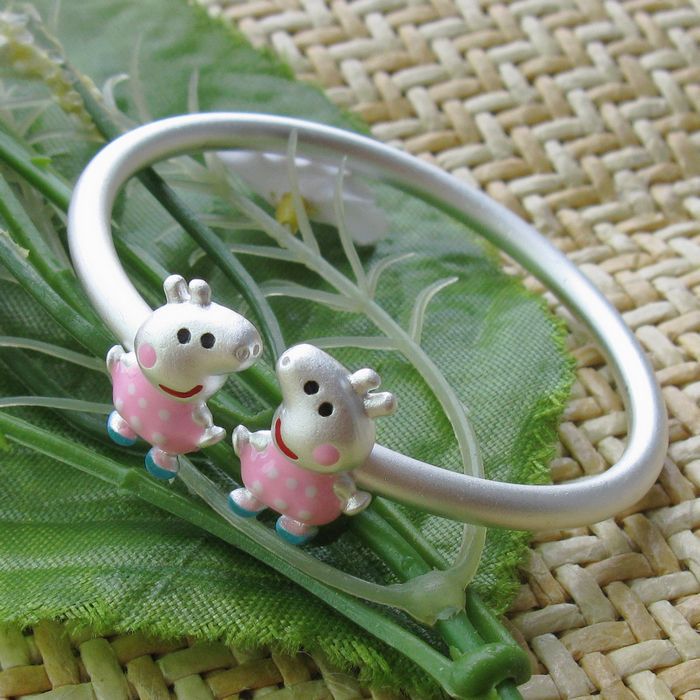 小猪佩奇儿童纯银手镯999足银镯子小孩男女宝宝银手环开口可调节