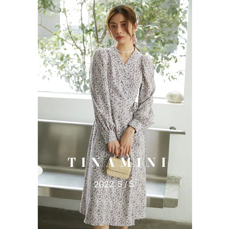 【tinamini】 早春上新 韩版淑女v领连衣裙长袖通勤宽松型长裙子