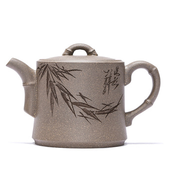 厂家批发宜兴名家全手工紫砂壶清灰泥竹韵壶陶刻竹泡茶壶一件代发