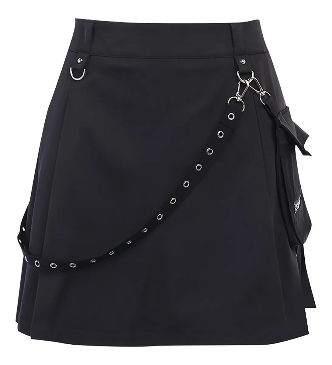暗黑系机能风哥特式百褶高腰链条口袋半身裙