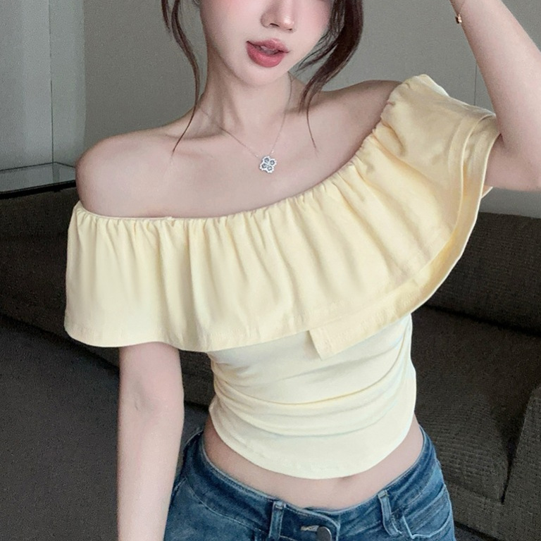 夏季女装新款 辣妹性感纯欲风抹胸一字领露肩荷叶边短袖t恤上衣