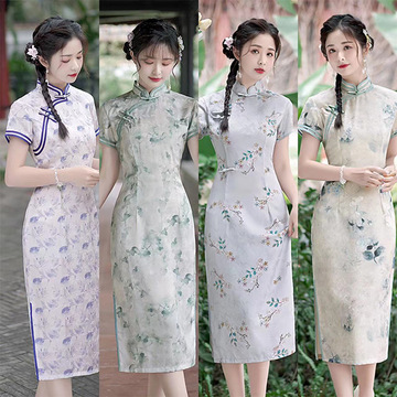 新款气质年轻日常时尚复古民国风中式素雅旗袍连衣裙夏新丝绸