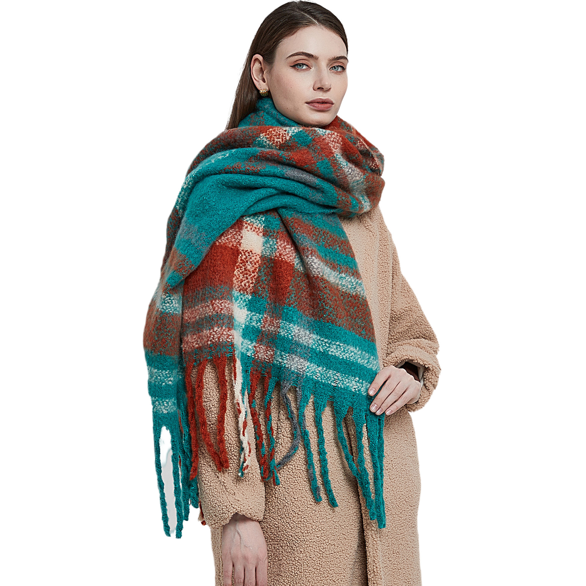 Foreign Trade New Scarf Women‘s European and American Autumn and Winter Circle Yarn Thickened Thick Tassel Plaid Scarf Shawl Manufacturer