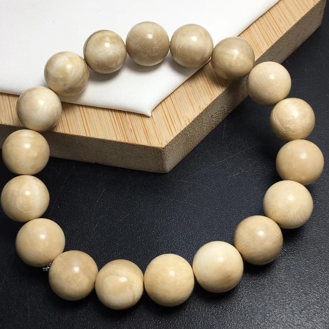 猛犸象牙圆珠手串 文玩新宠 奶咖色 原色15纹 纹理清晰猛犸牙手链