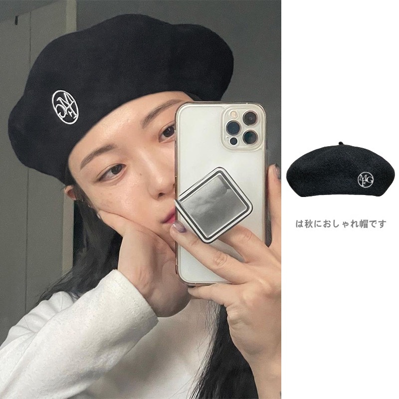 韩国出口ins博主同款羊毛呢贝雷帽金智妮jennie刺绣字母画家帽女