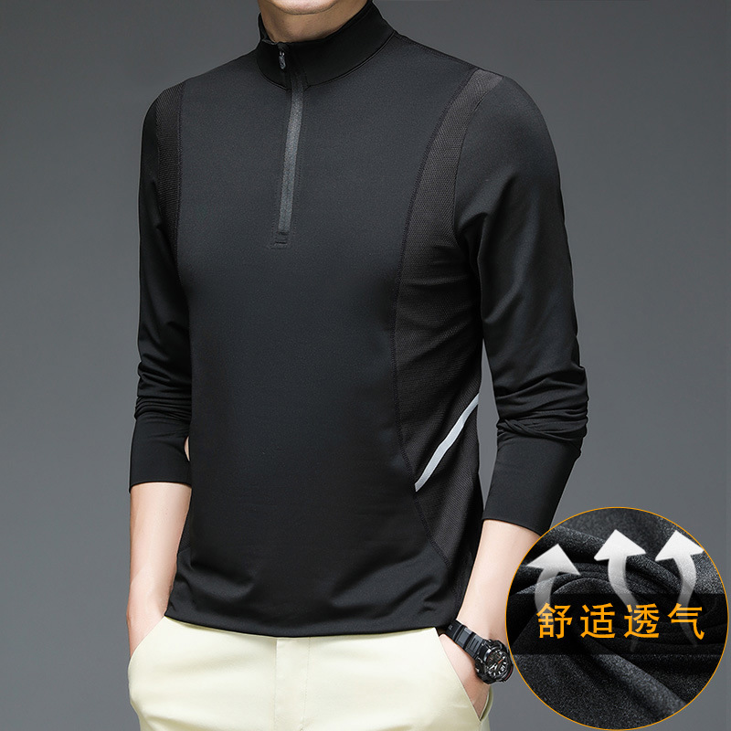 2024新款冰丝长袖t恤男士立领半拉链休闲运动健身户外夏季速干衣