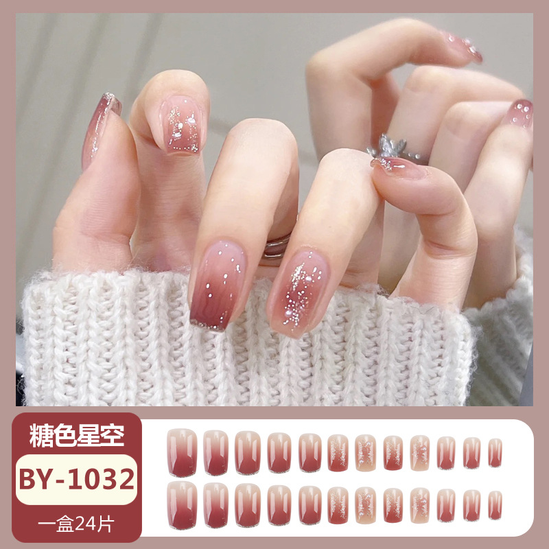 Spring New Wear Nail Wholesale Short Gradient Blush Glitter Nail Patch Manicure Nail Piece Finished Jelly Gel