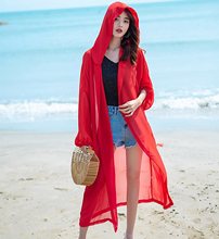 三亚连帽红色防晒衣女中长款薄外搭海边度假沙滩外套宽松雪纺开衫