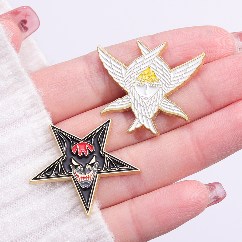 Angels & Demons Creative Couple Brooch Golden M Badge Exaggerated Weird Five-Pointed Star Wings Golden M Badge Name Tag