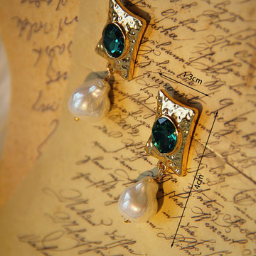 复古时尚绿色锆石几何方形巴洛克珍珠耳钉女简约小众设计感耳环高