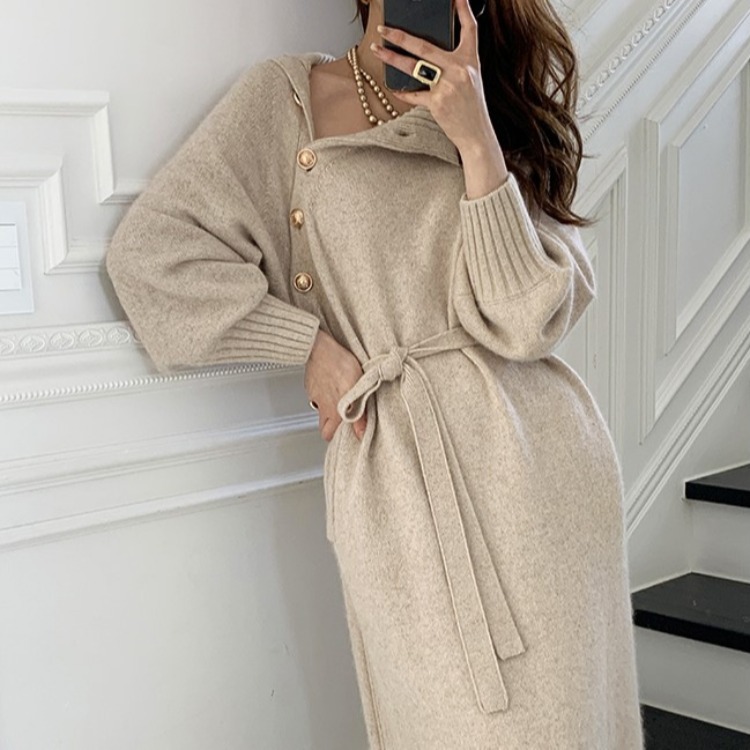 Japanese and Korean Lace-up Waist Trimming Knitted Dress 2023 Autumn and Winter New Loose Slimming and All-Matching Turtleneck Long Sweater for Women