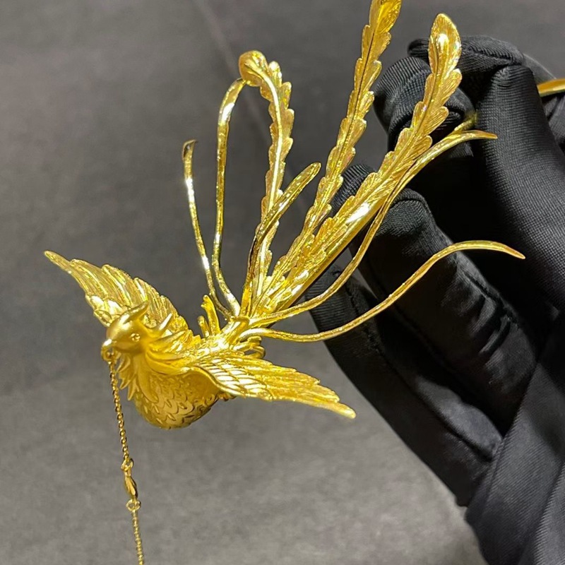 水贝黄金凤钗足金9999七彩拉丝凤钗国潮婚嫁套装龙凤镯凤凰首饰