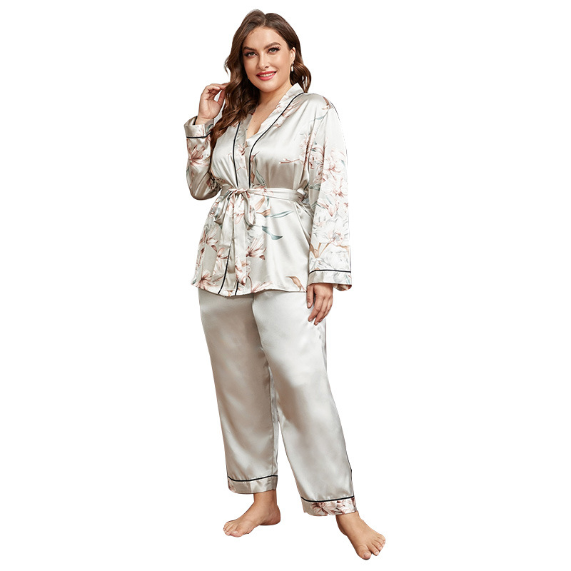Europe and America Cross Border plus Size Pajamas Women's Cardigan Lace-up Nightgown Pajama Pants Casual Loose Home Women's Suit Can Be Worn outside