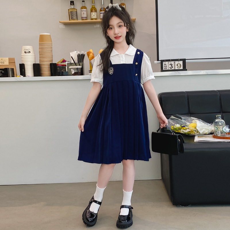 女童连衣裙夏装套装2024新款洋气12大童女孩学院风背带裙夏季15岁
