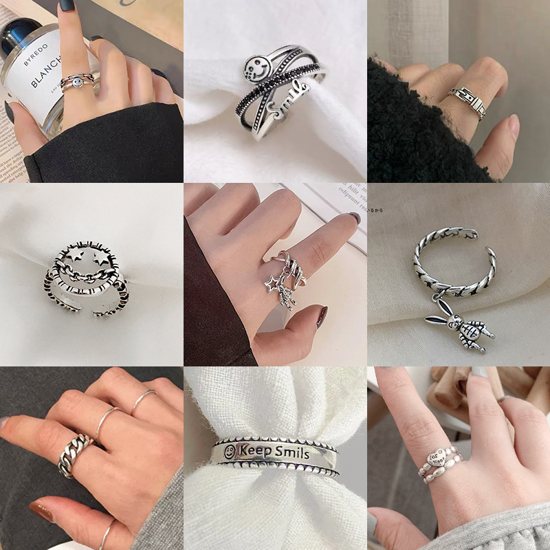 European and American Fashion Cool Silver Ring with Opening Female Smiling Face Multi-Layer Temperament Tide South Korea Retro Punk Simple Index Finger Ring
