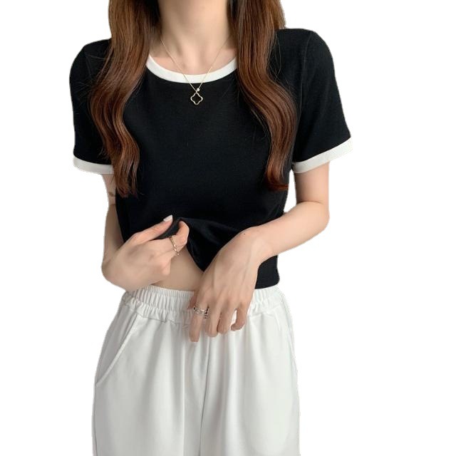 Contrast Color round Neck Short-Sleeved T-shirt for Women 2024 New Summer Bottoming Shirt Korean Style Slim-Fitting Short Student Top Fashion Women Clothes